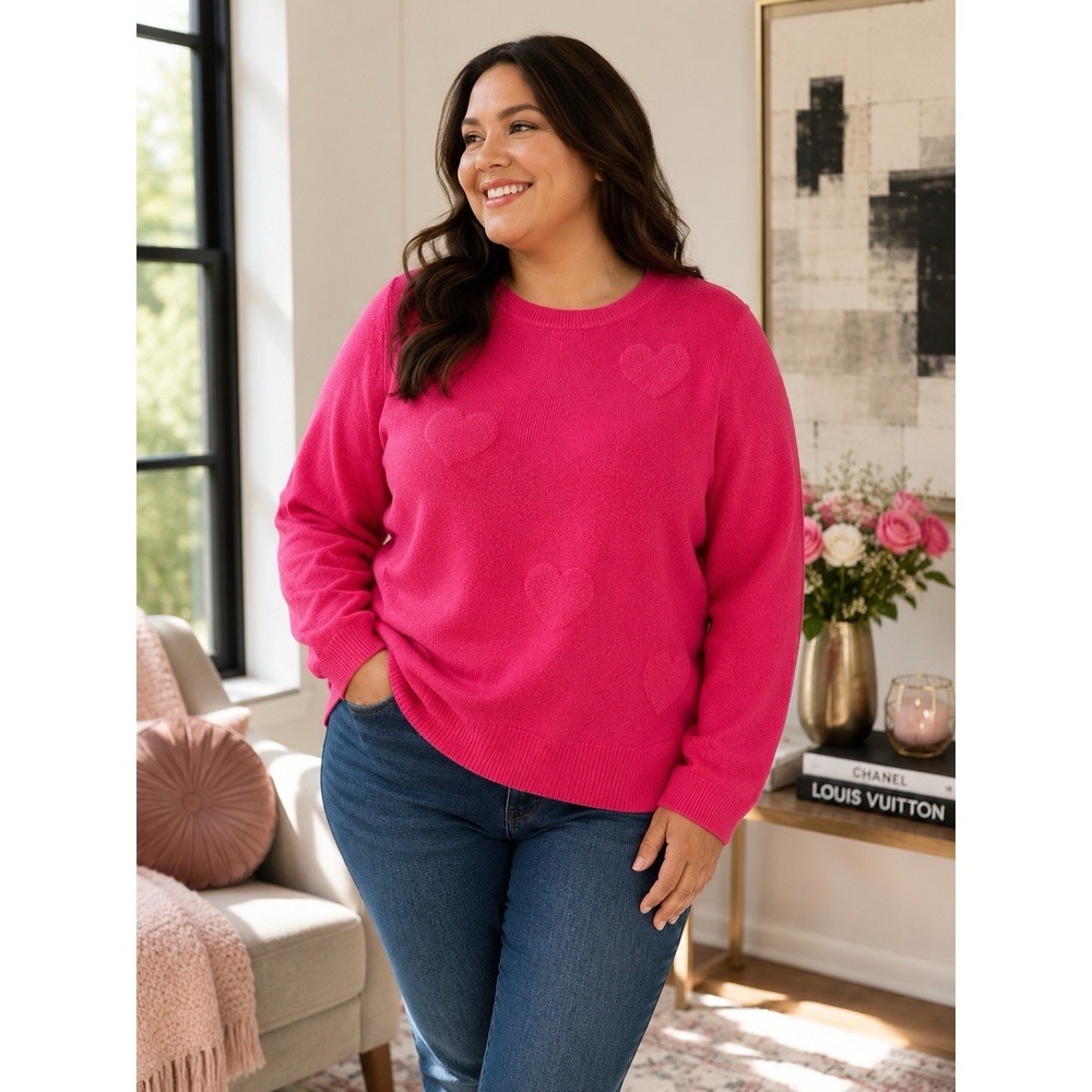 Nicole Miller New York Pink Chenille Heart Sweater Crew Neck Pullover Women's 1X